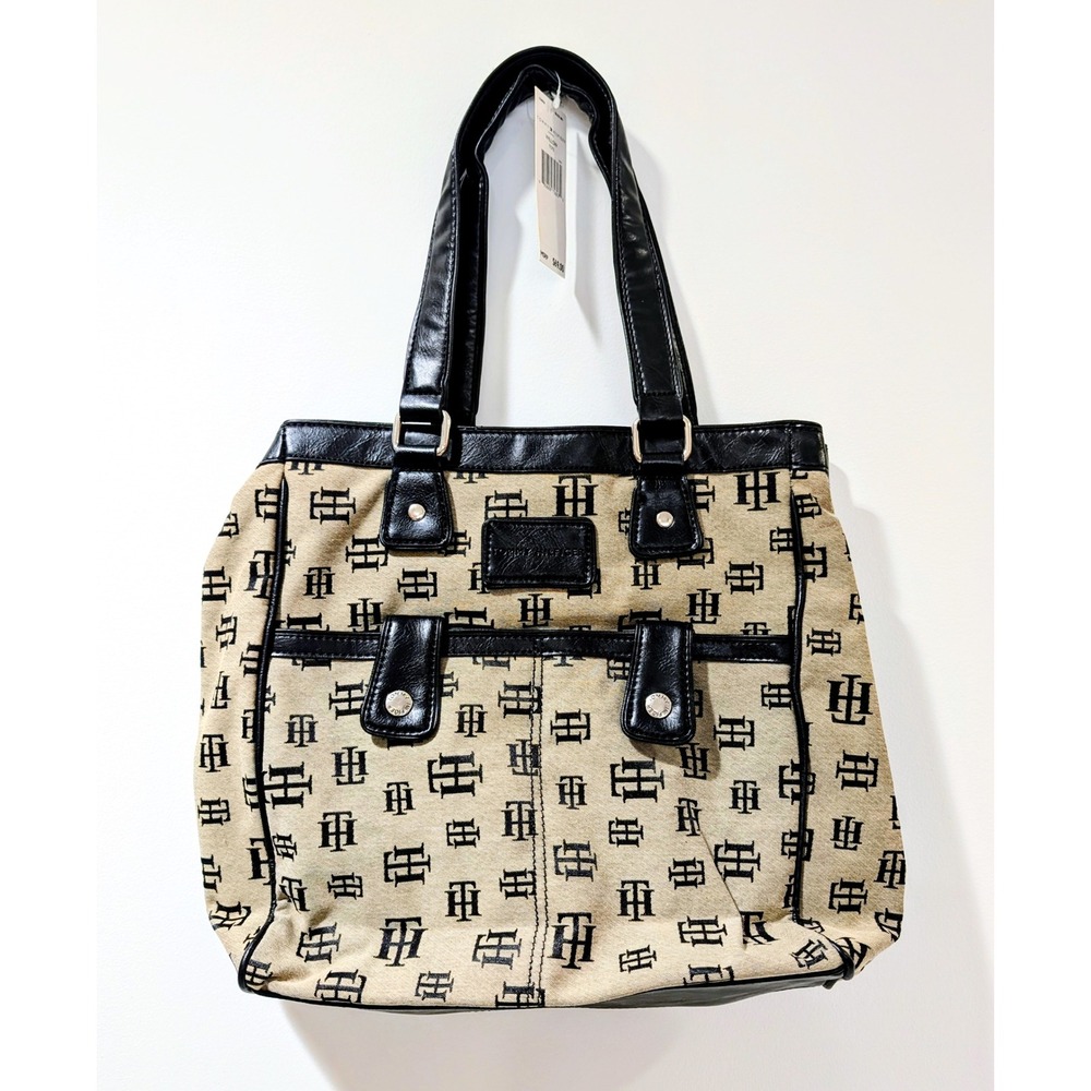 Tommy Hilfiger Willow Tote Monogram Canvas Handbag Tan Black 620050 BLCK 001
